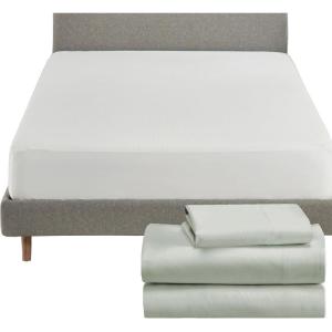 imageCalifornia Design Den 4 Piece Twin Size Sheet Set Silver Sage and Waterproof Mattress Protector White Bundle  Soft 100 Cotton Sateen 3 Piece Sheet Set with 1 Mattress Protector