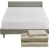 imageCalifornia Design Den 4 Piece Twin Size Sheet Set Beige and Waterproof Mattress Protector White Bundle  Rayon from Bamboo Sateen 3 Piece Sheet Set with 1 Mattress Protector