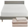imageCalifornia Design Den 4 Piece Twin Size Sheet Set Beige and Waterproof Mattress Protector White Bundle  Soft 100 Cotton Sateen 3 Piece Sheet Set with 1 Mattress Protector