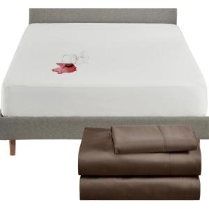 image4 Piece Twin Size Sheet Set Chocolate Rich Brown and Waterproof Mattress Protector White Bundle  400 Thread Count 100 Cotton Sateen 3 Piece Sheet Set with 1 Mattress Protector