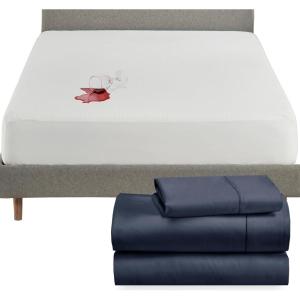 image4 Piece Twin Size Sheet Set Indigo Dusty Blue and Waterproof Mattress Protector White Bundle  400 Thread Count 100 Cotton Sateen 3 Piece Sheet Set with 1 Mattress Protector
