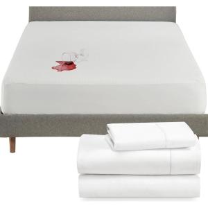 imageCalifornia Design Den 4 Piece Twin Size Sheet Set Antique White and Waterproof Mattress Protector White Bundle  400 Thread Count 100 Cotton Sateen 3 Piece Sheet Set with 1 Mattress Protector