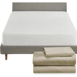 imageCalifornia Design Den 4 Piece Twin Size Sheet Set Beige and Waterproof Mattress Protector White Bundle  Rayon from Bamboo Sateen 3 Piece Sheet Set with 1 Mattress Protector