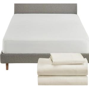 imageCalifornia Design Den 4 Piece Twin Size Sheet Set Ivory and Waterproof Mattress Protector White Bundle  Soft 100 Cotton Sateen 3 Piece Sheet Set with 1 Mattress Protector