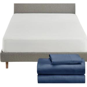 imageCalifornia Design Den 4 Piece Twin Size Sheet Set Navy Blue and Waterproof Mattress Protector White Bundle  Soft 100 Cotton Sateen 3 Piece Sheet Set with 1 Mattress Protector