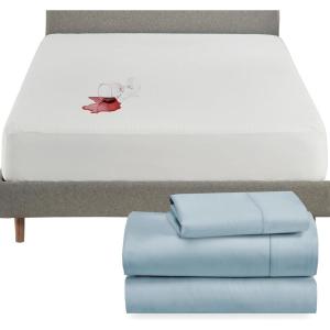 imageCalifornia Design Den 4 Piece Twin Size Sheet Set Sky Blue and Waterproof Mattress Protector White Bundle  400 Thread Count 100 Cotton Sateen 3 Piece Sheet Set with 1 Mattress Protector