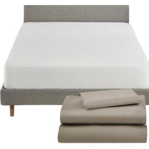 imageCalifornia Design Den 4 Piece Twin Size Sheet Set Taupe and Waterproof Mattress Protector White Bundle  600 Thread Count 100 Cotton Sateen 3 Piece Sheet Set with 1 Mattress Protector