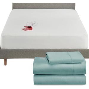 imageCalifornia Design Den 4 Piece Twin Size Sheet Set Teal and Waterproof Mattress Protector White Bundle  400 Thread Count 100 Cotton Sateen 3 Piece Sheet Set with 1 Mattress Protector