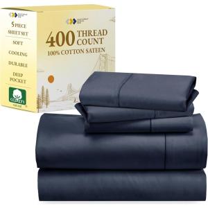 imageCalifornia Design Den 5 Piece Twin Size Sheet Set with 3 Pillowcases 400 Thread Count 100 Cotton Sateen Indigo Dusty Blue