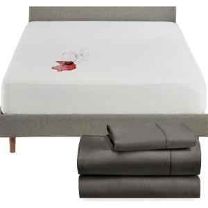 imageCalifornia Design Den 4 Piece Twin Size Sheet Set Grey and Waterproof Mattress Protector White Bundle  400 Thread Count 100 Cotton Sateen 3 Piece Sheet Set with 1 Mattress Protector