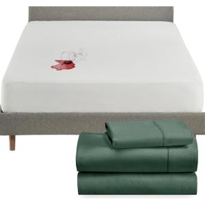 imageCalifornia Design Den 4 Piece Twin Size Sheet Set Hunter Green and Waterproof Mattress Protector White Bundle  400 Thread Count 100 Cotton Sateen 3 Piece Sheet Set with 1 Mattress Protector