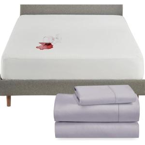 imageCalifornia Design Den 4 Piece Twin Size Sheet Set Lavender Gray and Waterproof Mattress Protector White Bundle  400 Thread Count 100 Cotton Sateen 3 Piece Sheet Set with 1 Mattress Protector