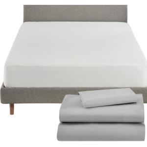 imageCalifornia Design Den 4 Piece Twin Size Sheet Set Light Grey and Waterproof Mattress Protector White Bundle  600 Thread Count 100 Cotton Sateen 3 Piece Sheet Set with 1 Mattress Protector