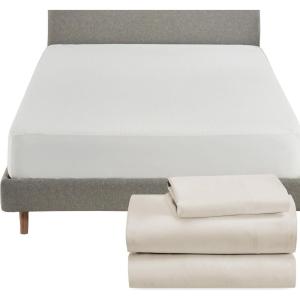 imageCalifornia Design Den 4 Piece Twin Size Sheet Set Natural Ivory and Waterproof Mattress Protector White Bundle  100 Organic Cotton Percale 3 Piece Sheet Set with 1 Mattress Protector