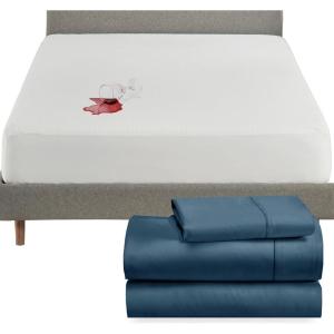 imageCalifornia Design Den 4 Piece Twin Size Sheet Set Peacock Blue and Waterproof Mattress Protector White Bundle  400 Thread Count 100 Cotton Sateen 3 Piece Sheet Set with 1 Mattress Protector