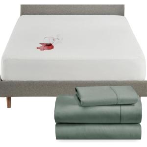 imageCalifornia Design Den 4 Piece Twin Size Sheet Set Sage Green and Waterproof Mattress Protector White Bundle  400 Thread Count 100 Cotton Sateen 3 Piece Sheet Set with 1 Mattress Protector