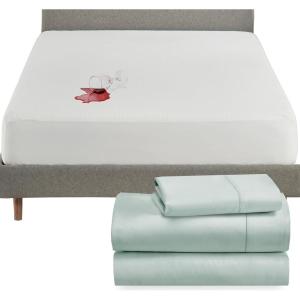 imageCalifornia Design Den 4 Piece Twin Size Sheet Set Seafoam and Waterproof Mattress Protector White Bundle  400 Thread Count 100 Cotton Sateen 3 Piece Sheet Set with 1 Mattress Protector