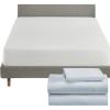 imageCalifornia Design Den 4 Piece Twin Size Sheet Set Light Blue and Waterproof Mattress Protector White Bundle  Soft 100 Cotton Sateen 3 Piece Sheet Set with 1 Mattress Protector