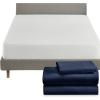 imageCalifornia Design Den 4 Piece Twin Size Sheet Set Navy Blue and Waterproof Mattress Protector White Bundle  Rayon from Bamboo Sateen 3 Piece Sheet Set with 1 Mattress Protector