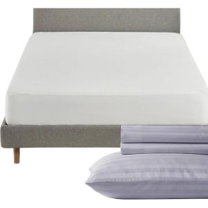 image4 Piece Twin Size Stripped Sheet Set Lavendar and Waterproof Mattress Protector White Bundle  500 Thread Count 100 Cotton Sateen 3 Piece Sheet Set with 1 Mattress Protector