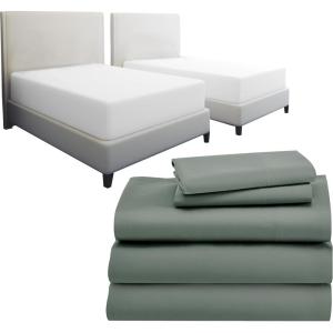 image7 Piece Split King Size Sheet Set Sage Green and Waterproof Mattress Protector White Bundle  600 Thread Count 100 Cotton Sateen 5 Piece Sheet Set with 1 Mattress Protector