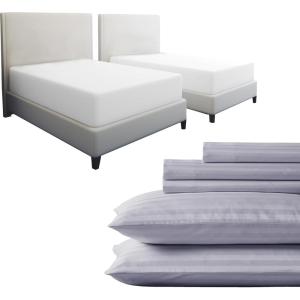 image7 Piece Split King Size Stripped Sheet Set Lavendar and Waterproof Mattress Protector White Bundle  500 Thread Count 100 Cotton Sateen 5 Piece Sheet Set with 2 Mattress Protectors