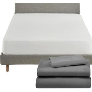 imageCalifornia Design Den 4 Piece Twin Size Sheet Set Grey and Waterproof Mattress Protector White Bundle  600 Thread Count 100 Cotton Sateen 3 Piece Sheet Set with 1 Mattress Protector