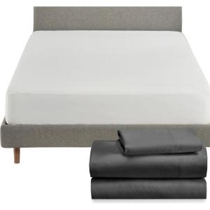 imageCalifornia Design Den 4 Piece Twin Size Sheet Set Grey and Waterproof Mattress Protector White Bundle  Rayon from Bamboo Sateen 3 Piece Sheet Set with 1 Mattress Protector