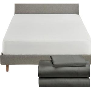 imageCalifornia Design Den 4 Piece Twin Size Sheet Set Grey and Waterproof Mattress Protector White Bundle  Soft 100 Cotton Sateen 3 Piece Sheet Set with 1 Mattress Protector