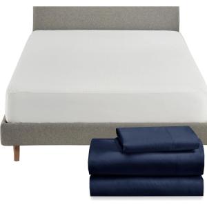 imageCalifornia Design Den 4 Piece Twin Size Sheet Set Navy Blue and Waterproof Mattress Protector White Bundle  Rayon from Bamboo Sateen 3 Piece Sheet Set with 1 Mattress Protector