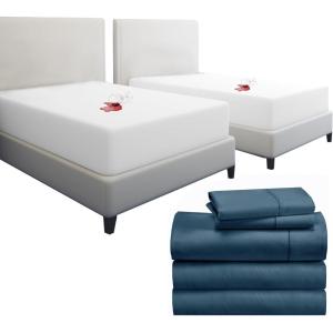 image7 Piece Split King Size Sheet Set Peacock Blue and Waterproof Mattress Protector White Bundle  400 Thread Count 100 Cotton Sateen 5 Piece Sheet Set with 1 Mattress Protector