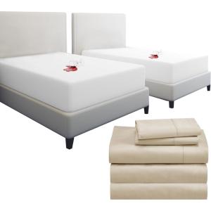 imageCalifornia Design Den 7 Piece Split King Size Sheet Set Beige and Waterproof Mattress Protector White Bundle  400 Thread Count 100 Cotton Sateen 5 Piece Sheet Set with 1 Mattress Protector