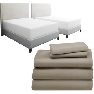 imageCalifornia Design Den 7 Piece Split King Size Sheet Set Taupe and Waterproof Mattress Protector White Bundle  600 Thread Count 100 Cotton Sateen 5 Piece Sheet Set with 1 Mattress Protector