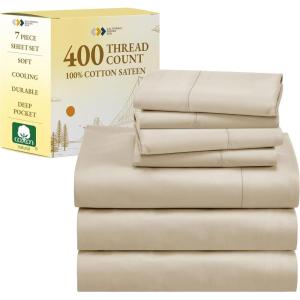 imageCalifornia Design Den 7 Piece Split King Size Sheet Set with 4 Pillowcases 400 Thread Count 100 Cotton Sateen Beige