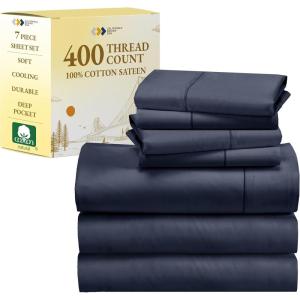 imageCalifornia Design Den 7 Piece Split King Size Sheet Set with 4 Pillowcases 400 Thread Count 100 Cotton Sateen Indigo Dusty Blue