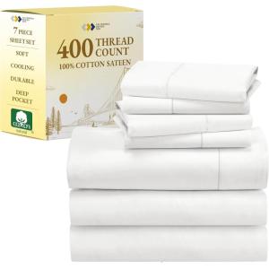 imageCalifornia Design Den 7 Piece Split King Size Sheet Set with 4 Pillowcases 400 Thread Count 100 Cotton Sateen Ivory
