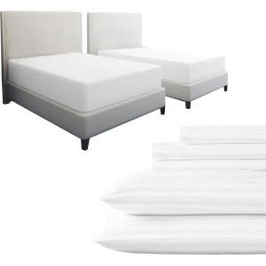 imageCalifornia Design Den 7 Piece Split King Size Stripped Sheet Set and Waterproof Mattress Protector Bundle  500 Thread Count 100 Cotton Sateen 5 Piece Sheet Set with 2 Mattress Protectors White