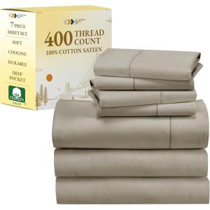 imageCalifornia Design Den 7 Piece Split King Size Sheet Set with 4 Pillowcases 400 Thread Count 100 Cotton Sateen Taupe