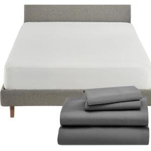 image5 Piece California King Size Sheet Set Grey and Waterproof Mattress Protector White Bundle  600 Thread Count 100 Cotton Sateen 4 Piece Sheet Set with 1 Mattress Protector