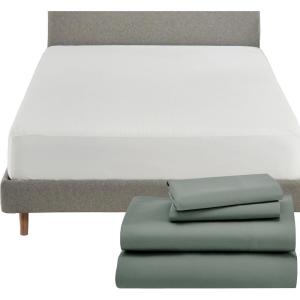 image5 Piece California King Size Sheet Set Sage Green and Waterproof Mattress Protector White Bundle  600 Thread Count 100 Cotton Sateen 4 Piece Sheet Set with 1 Mattress Protector