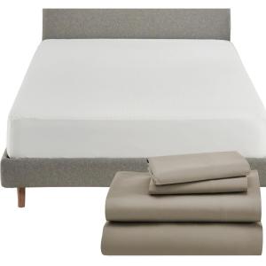 image5 Piece California King Size Sheet Set Taupe and Waterproof Mattress Protector White Bundle  600 Thread Count 100 Cotton Sateen 4 Piece Sheet Set with 1 Mattress Protector