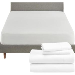 image5 Piece California King Size Sheet Set and Waterproof Mattress Protector Bundle  1000 Thread Count 100 Cotton Sateen 4 Piece Sheet Set with 1 Mattress Protector White