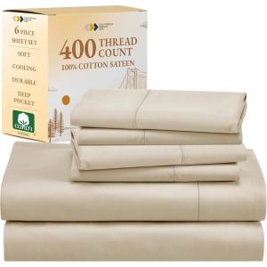 imageCalifornia Design Den 6 Piece King Size Sheet Set with 4 Pillowcases 400 Thread Count 100 Cotton Sateen Beige