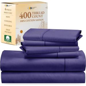 imageCalifornia Design Den 6 Piece King Size Sheet Set with 4 Pillowcases 400 Thread Count 100 Cotton Sateen Purple