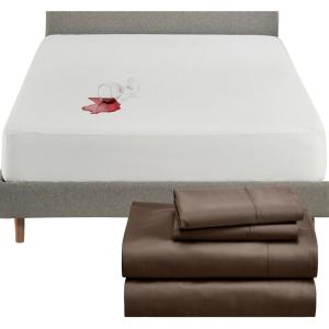 image5 Piece Queen Size Sheet Set Chocolate Rich Brown and Waterproof Mattress Protector White Bundle  400 Thread Count 100 Cotton Sateen 4 Piece Sheet Set with 1 Mattress Protector