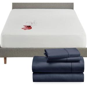 image5 Piece Queen Size Sheet Set Indigo Dusty Blue and Waterproof Mattress Protector White Bundle  400 Thread Count 100 Cotton Sateen 4 Piece Sheet Set with 1 Mattress Protector