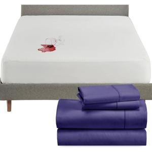 imageCalifornia Design Den 5 Piece Queen Size Sheet Set Purple and Waterproof Mattress Protector White Bundle  400 Thread Count 100 Cotton Sateen 4 Piece Sheet Set with 1 Mattress Protector