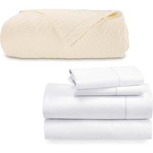 imageCalifornia Design Den 5 Piece Queen Size Bedding Bundle  4 Piece Sheet Set 400 Thread Count 100 Cotton Sateen White with 1 Cotton Bed Blanket Ivory