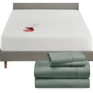 imageCalifornia Design Den 5 Piece Queen Size Sheet Set Sage Green and Waterproof Mattress Protector White Bundle  400 Thread Count 100 Cotton Sateen 4 Piece Sheet Set with 1 Mattress Protector
