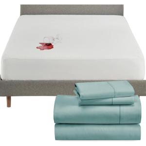 imageCalifornia Design Den 5 Piece Queen Size Sheet Set Teal and Waterproof Mattress Protector White Bundle  400 Thread Count 100 Cotton Sateen 4 Piece Sheet Set with 1 Mattress Protector